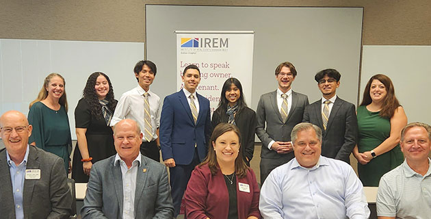 (2ND Row standing left to right UTD Students):  Stephanie Howard (IREM Case Coach) FHLB Dallas, Emily Sandoval, Eric Wang, Manolo Del Castillo, Yesmine Keopaseut, Noah Bowes, Sharv Save, (IREM Case Coach) Kendra Makers - W3.  (1st Row seated IREM Judging Panel) Rich Elam – Silver Star Properties REIT, Inc., Greg Wingate – City of Fort Worth, Morgan Neely – Stream Realty Partners, Greg Grainger – Younger Partners, Adam Bernhardt - JLL